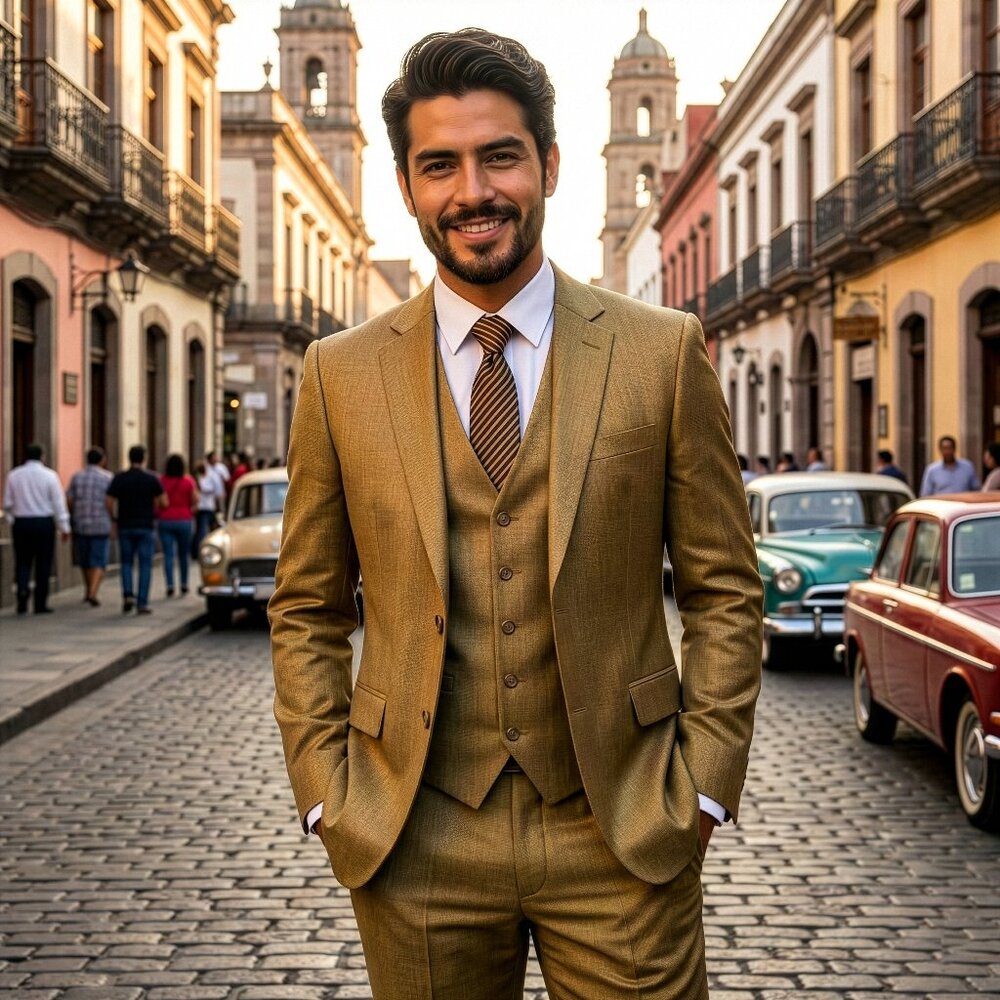 New 2026 Mens 3pc Sharkskin Oatmeal Suit Set, Hybrid Fit (H1)